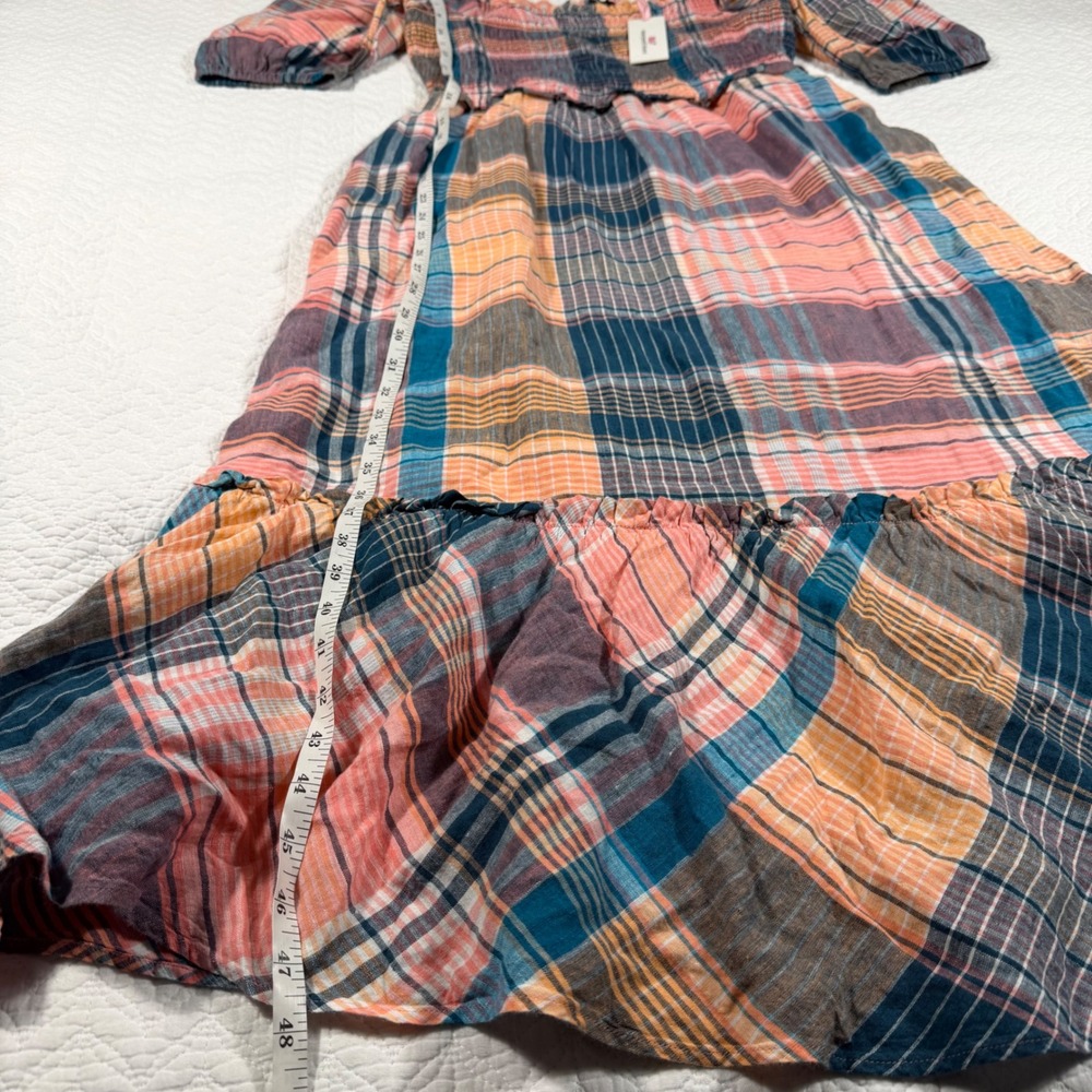 Vineyard Vines Womens Plaid Smocked Puff Sleeve Linen Midi Dress Mallard Blue M - Picture 7 of 12